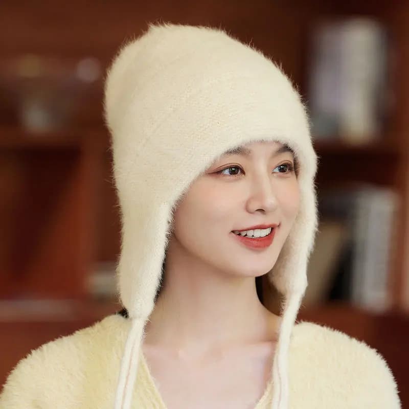 Berretto di lusso in pelliccia di coniglio - Cappello invernale da donna con fodera in pile, berretto lavorato a maglia con protezione per le orecchie per la stagione fredda