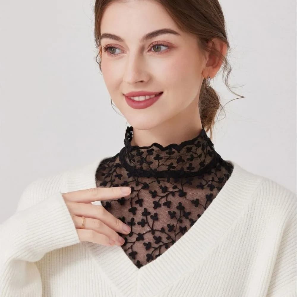 Colletto Finto Trasparente in Pizzo, Elegante Colletto Alto Staccabile con Ricamo Floreale Nero e Albicocca, Falso Colletto per Donna