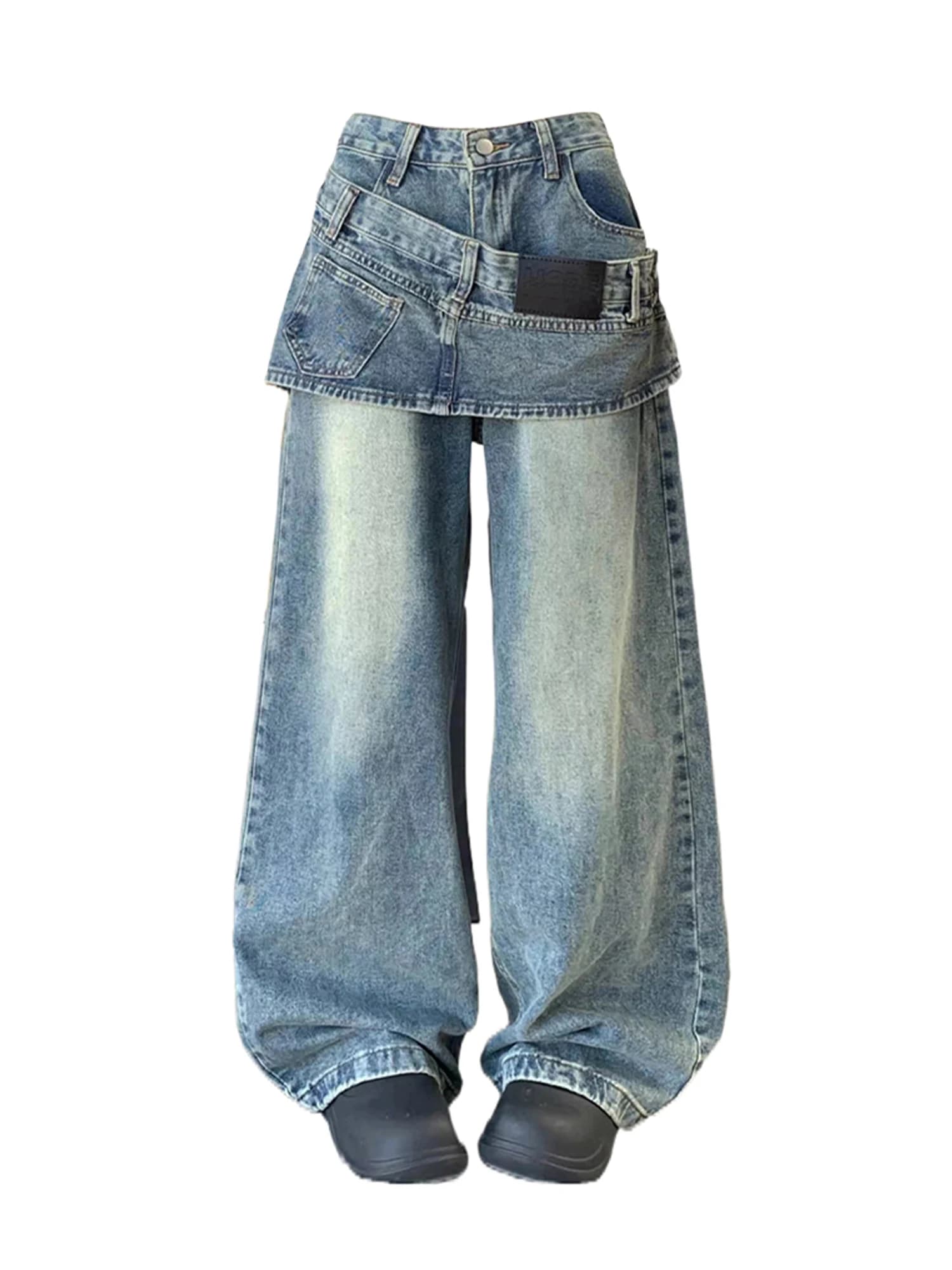Women's Blue Jeans Japandi Style Oversize Y2k Cowboy Pants with Skirt Vintage Harajuku Baggy Denim Trouser Alternative Clothes