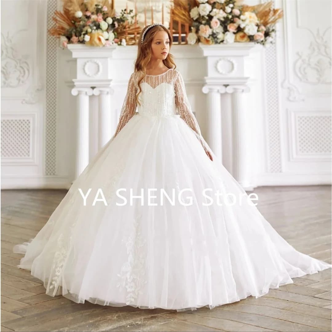 Abito da ragazza di fiore in raso per matrimonio Elegante perle gonfie con fiocco Abiti da ballo per abiti da prima comunione per festa di compleanno principessa