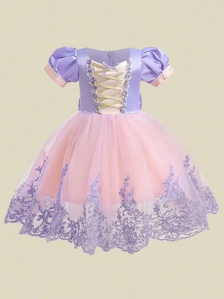Elegant Lace Trim Tulle Satin Criss-Cross Back Evening Dress With Bow