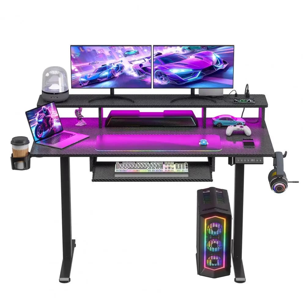 Gaming Standing Desk, Computer Desk with Keyboard Tray, Home Gaming Desk with Monitor Stand, USB Charging Port, RGB Light Strip,