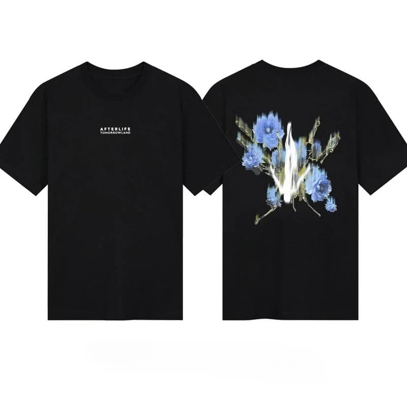 Unisex Graphic T‑Shirt Back Large Blue Flower Flame Glitch Art Print Casual Streetwear Loose Short Sleeve Cotton Tee