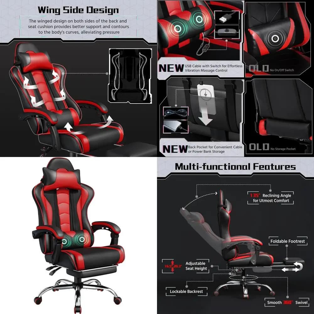 Sedia da Gaming Ergonomica Girevole con Supporto Lombare Massaggiante, Altezza Regolabile e Poggiapiedi, Nero/Rosso