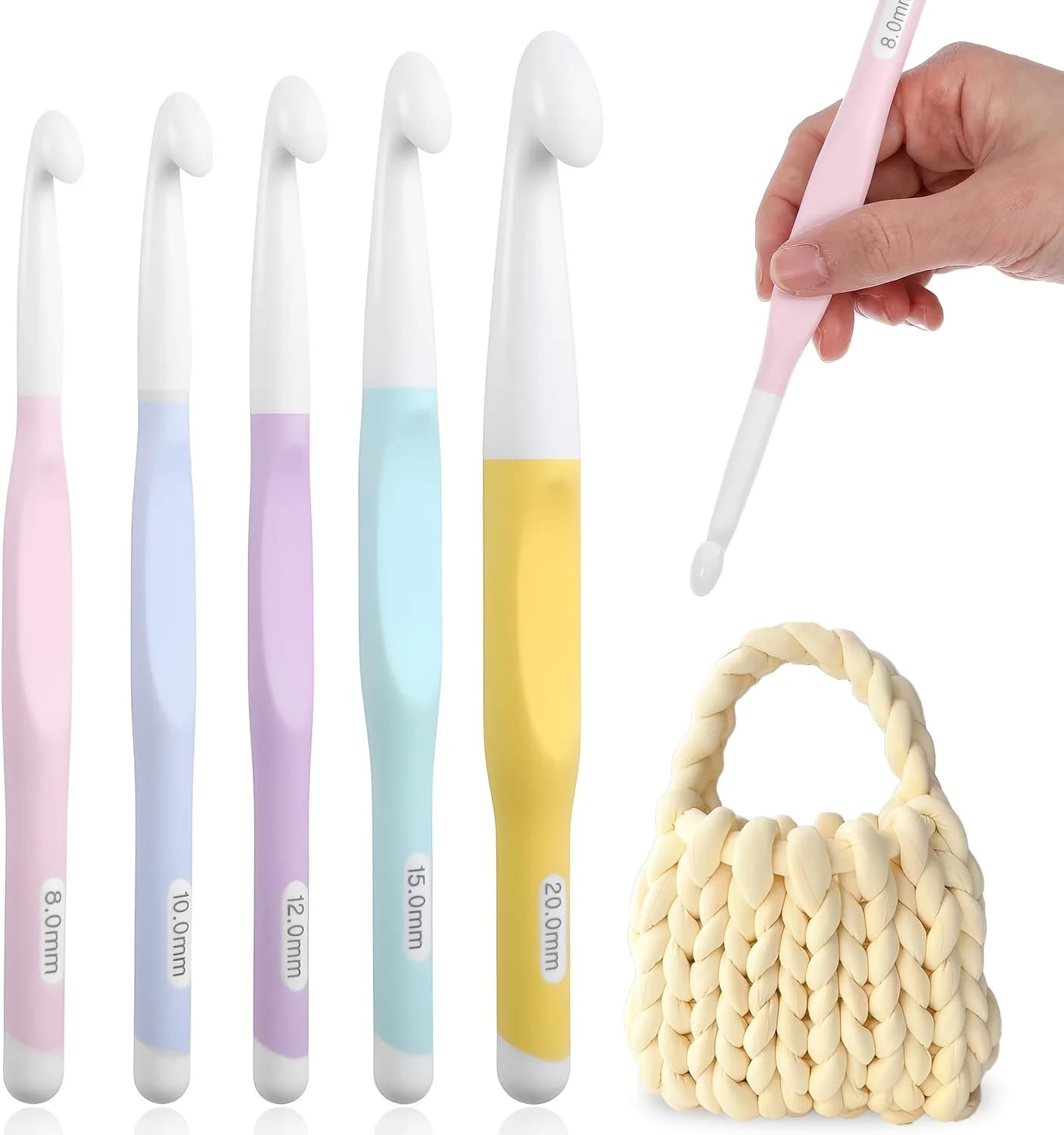 2 Pack Big Ergonomic Crochet Hooks, Anti‑Slip Rubber Grip Thick Yarn Knitting Needles for Blanket Rug Shawl DIY Crafts, Perfect