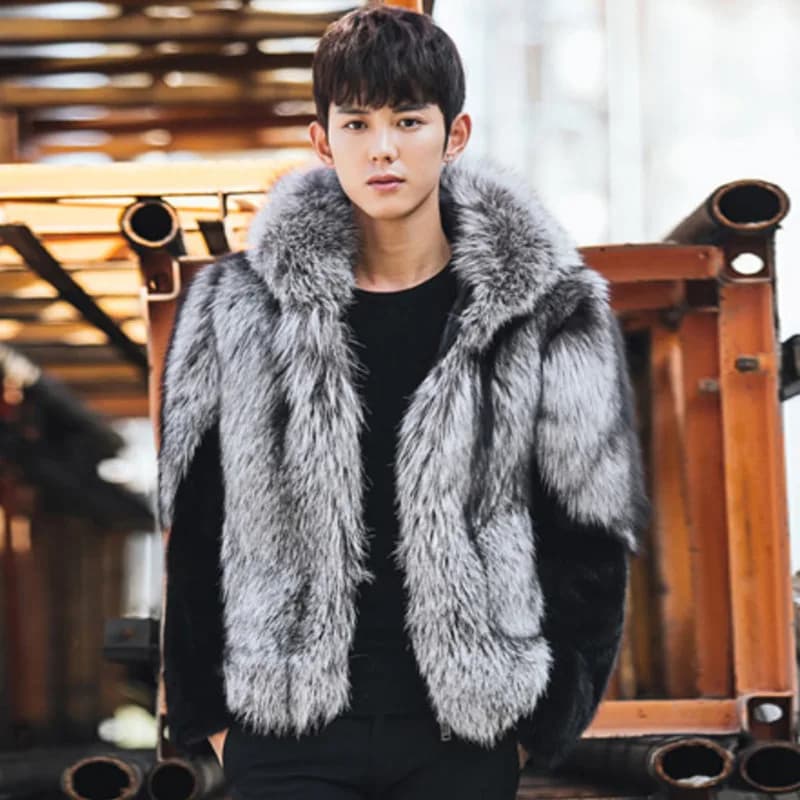 Synthetic fur coat with long sleeve hood with zipper for men Luxury designer clothing Hot and thick winter jackets Workwear