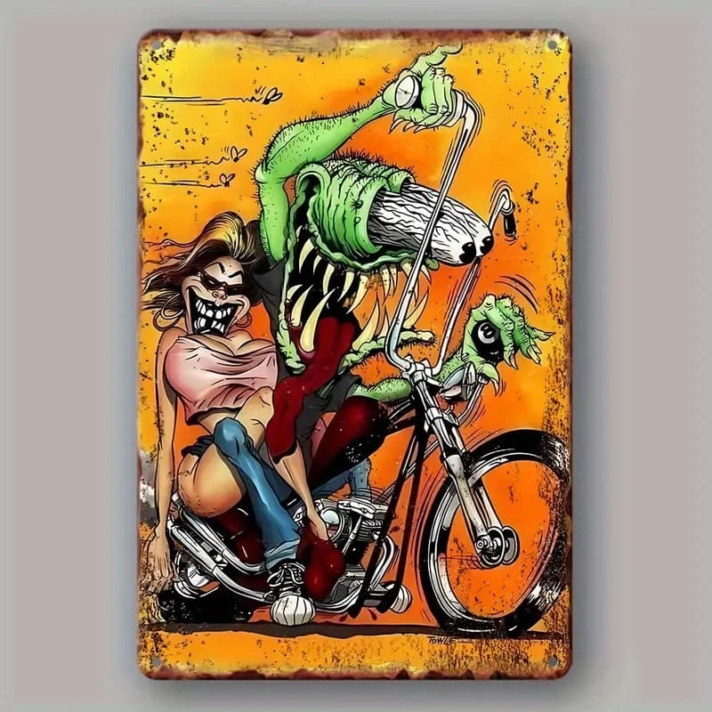 Targa in metallo vintage con ratto in sella a motocicletta - | Decorazione da parete impermeabile e resistente alla polvere per la casa, il bar, il caffè, il garage, perfetta per G