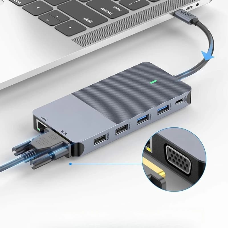 Docking station Type-C 12 in 1, hub USB-C con triplo schermo e doppia uscita HDMI, porta di rete Gigabit, proiezione schermo 4K