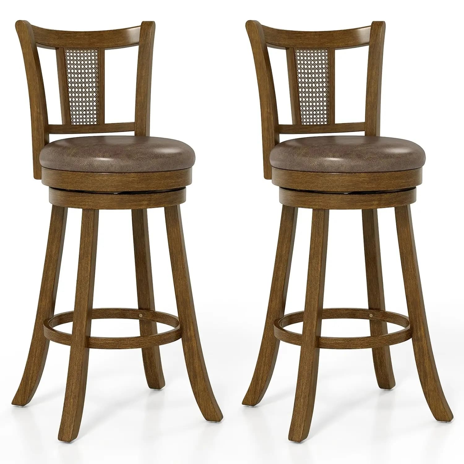 Set di 2 Sedie da Bar Girevoli in Rattan PE con Struttura in Legno di Gomma, Seduta Imbottita in Leathaire, Poggiapiedi, Sedia da Cucina e Pub, Marrone Personalizzabile