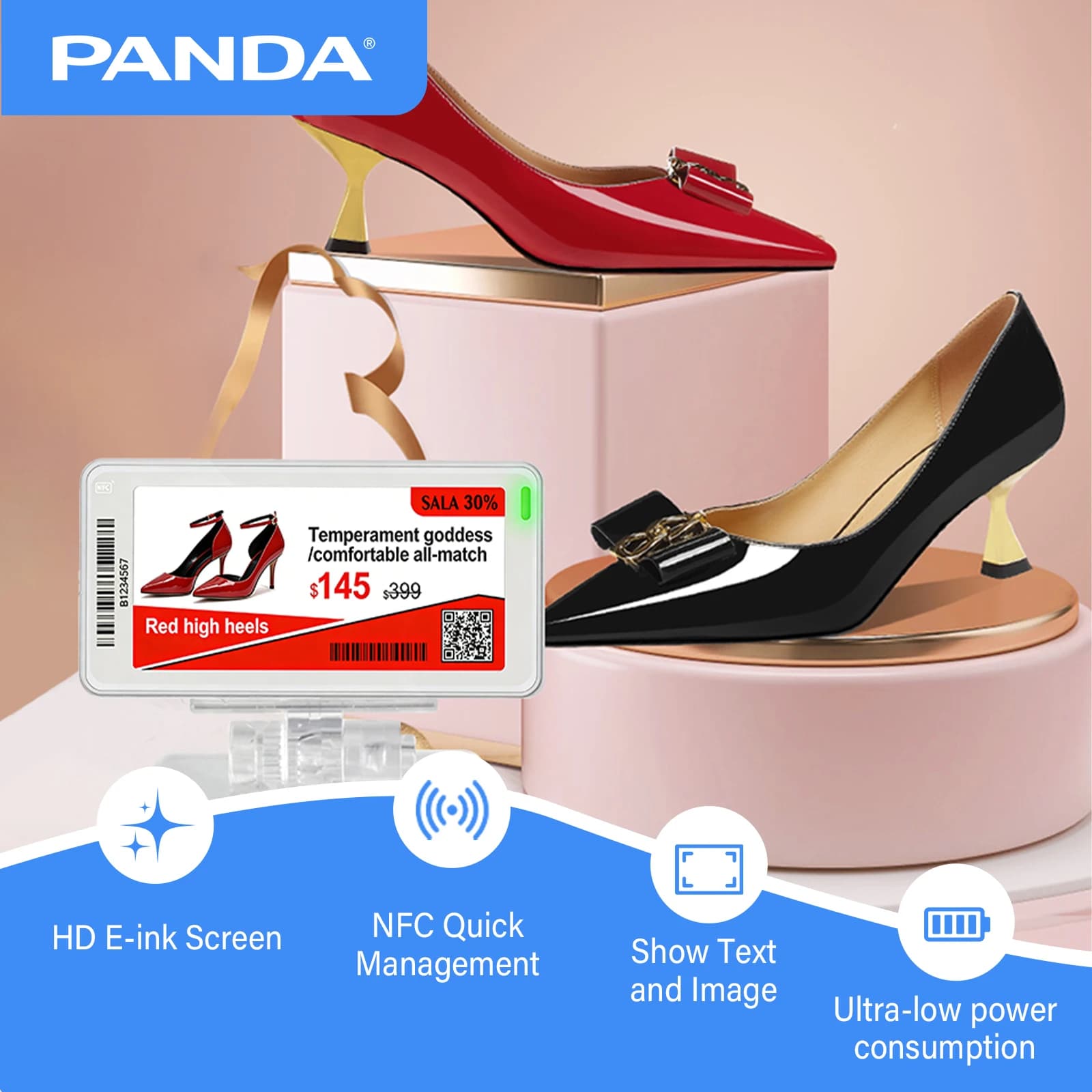 PANDA Etichetta Elettronica con Display E-paper da 3,5 Pollici per Scaffali di Supermercato, Versione NFC Digitale con Inchiostro Elettronico