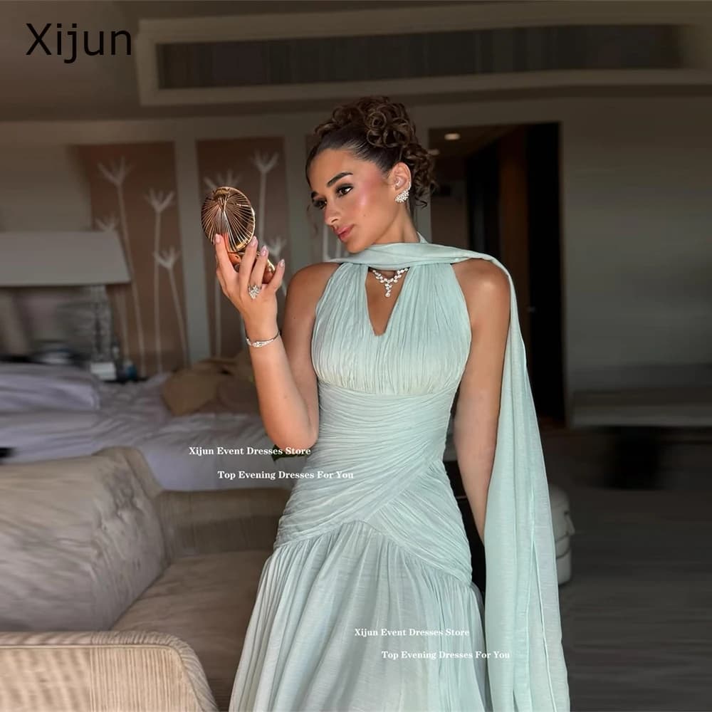 Xijun Mint Green Chiffon Evening Dresses A-Line Scarf V-Neck Formal Prom Dresses Pleated Saudi Arabic Long Prom Gowns Customized