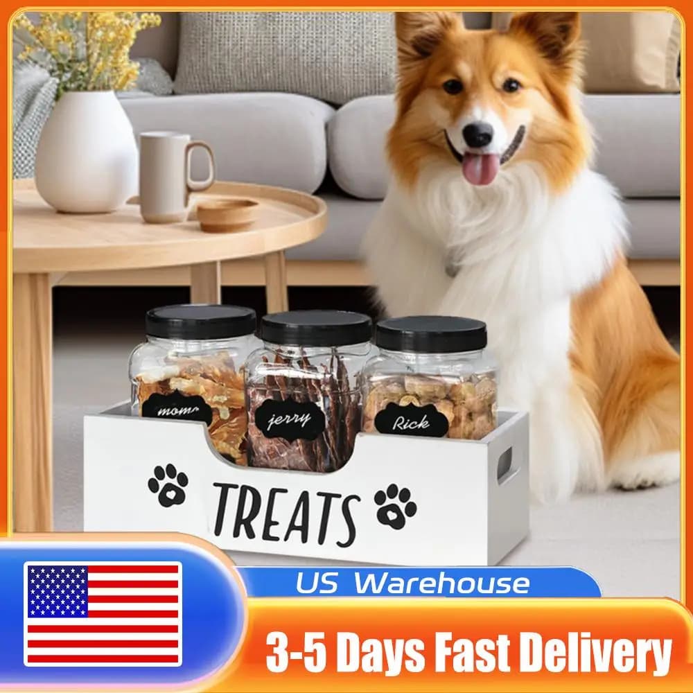 Wooden snack box for pets with food support in plastic jar (white)