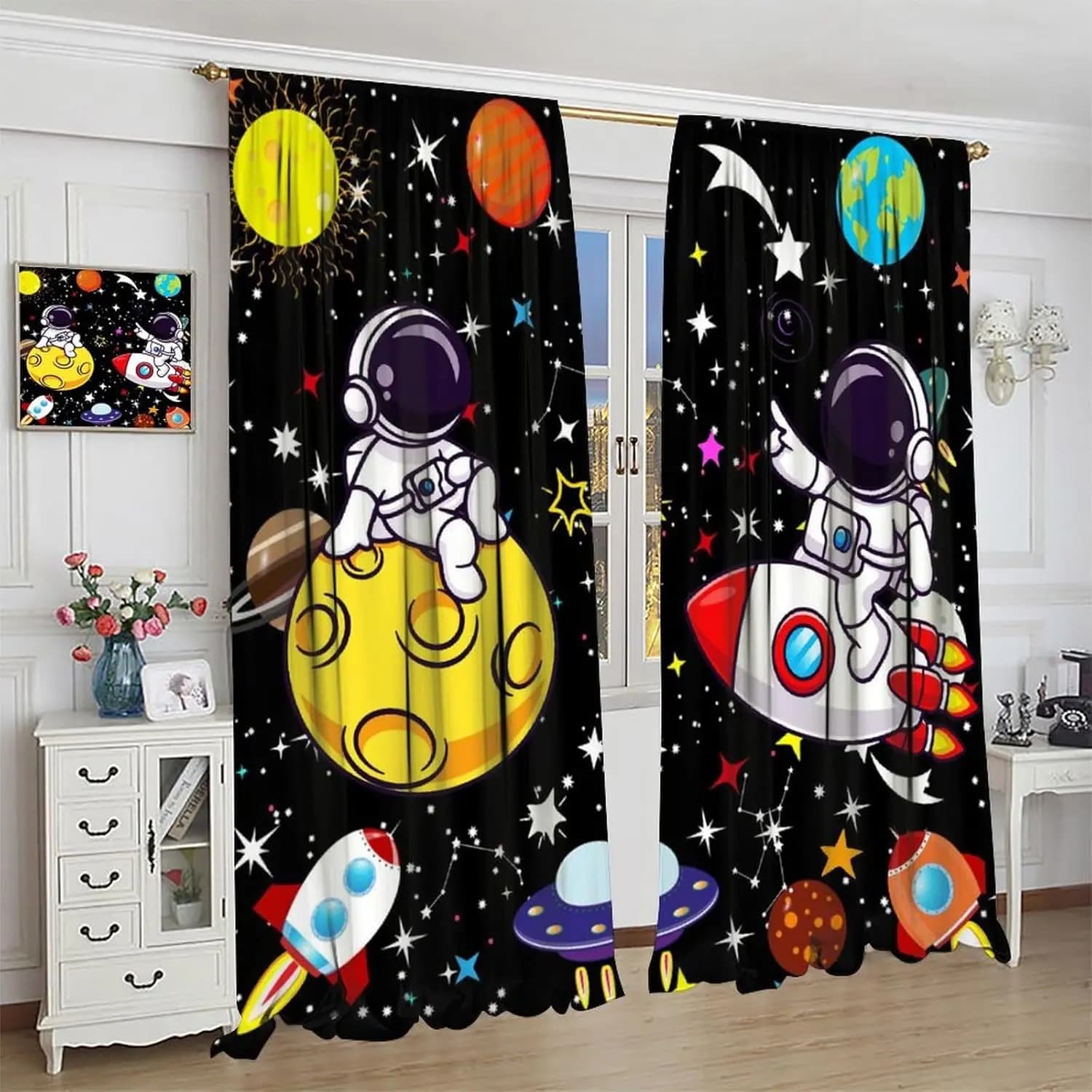 Tenda da astronauta spaziale, cartone animato Sistema solare Universo Razzo Astronave Pianeta Terra Stelle Trattamenti per finestre Tende per bambini Ragazzi