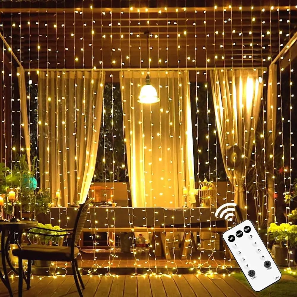 600 LED outdoor curtain lights, 9.5x19,6 m, Christmas string lights with remote control, 8 wall lights or per bedroom and patio