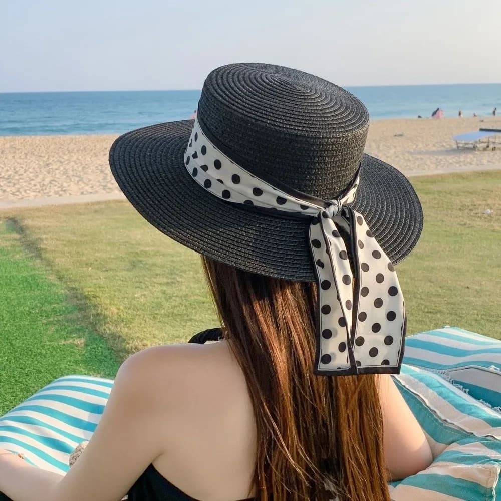 Fashion Elegant Beach Straw Cap Dot Ribbon Pearl Decoration Sun Protection Cap Straw Weaving Flat Top Wide Brim Hat Travel Use