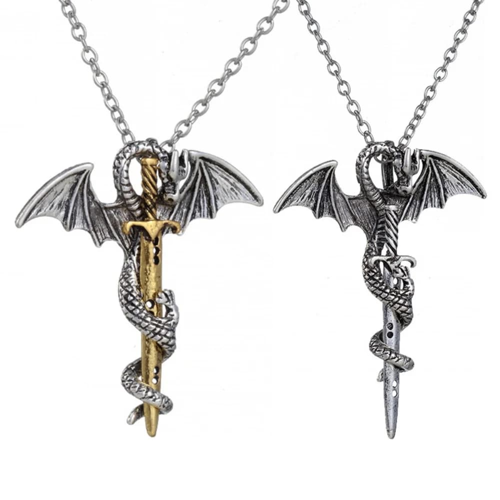 Hot Geometry Dragon Wrapped Sword Pendant Necklace for Men and Women Trendy Retro Punk Hip Hop Party Charm Animal Jewelry Gift