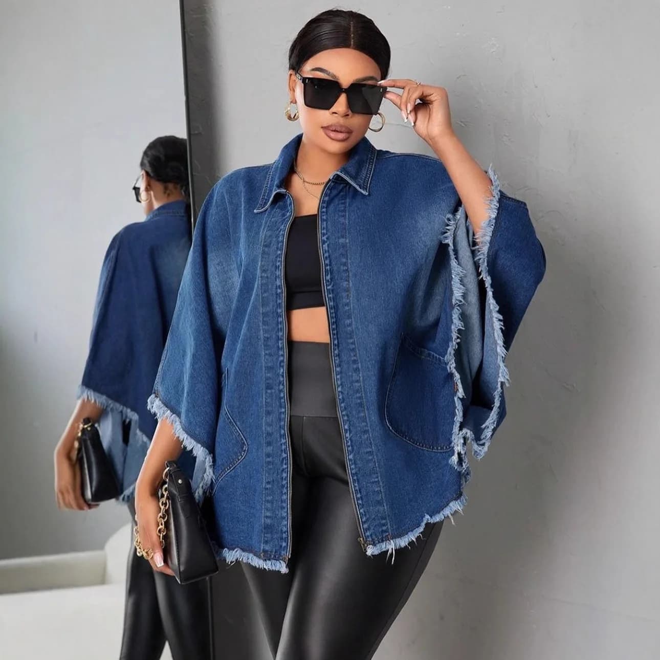 Giacca da donna in jeans con cerniera taglie forti Cappotto da tasca con maniche a pipistrello 2025 Giacca da strada con design alla moda femminile autunno inverno
