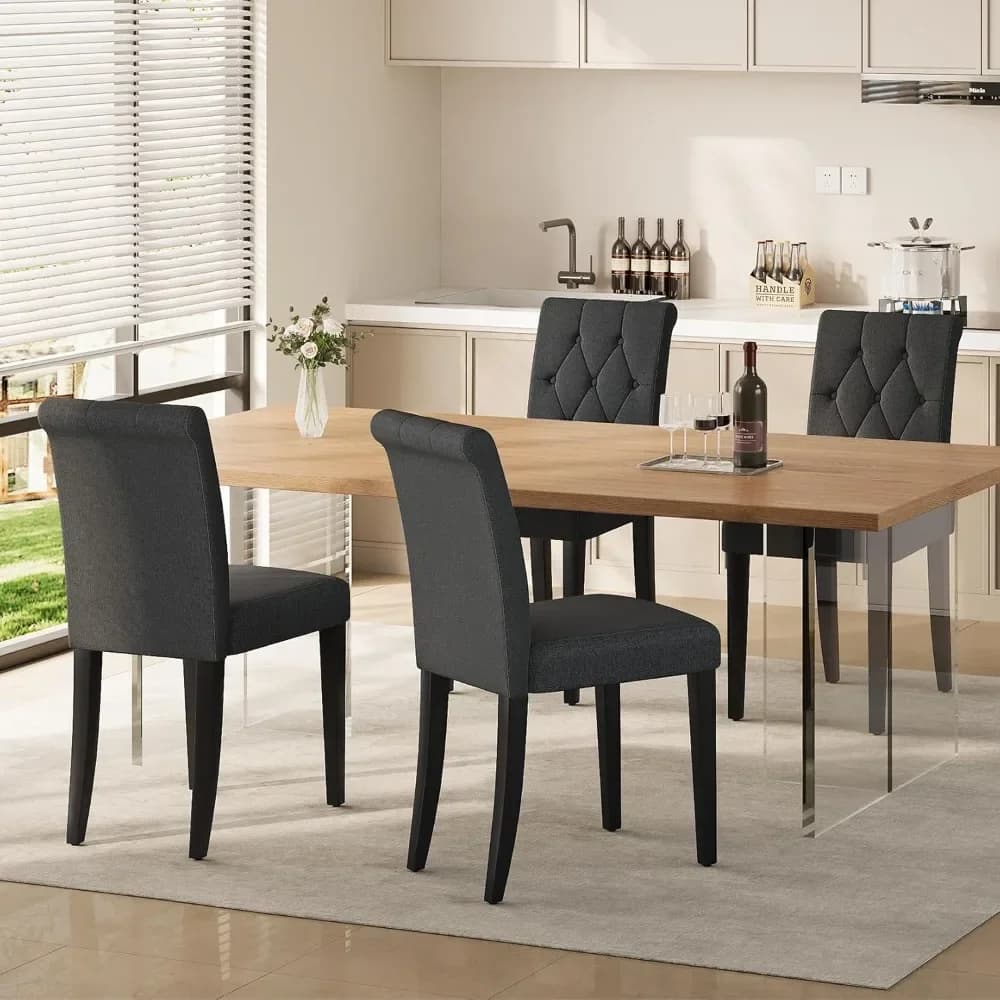 Set di 4 Sedie da Pranzo Imbottite, Sedia Parsons con Bottoni e Gambe in Legno Massello, Sedia Laterale Moderna in Tessuto