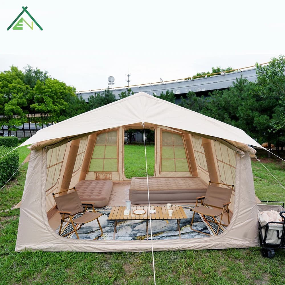Professional 13.68sqm Inflatable Camping Tent 420D Oxford Waterproof Air Beam Mesh Window Skylight Stove Jack AC Port