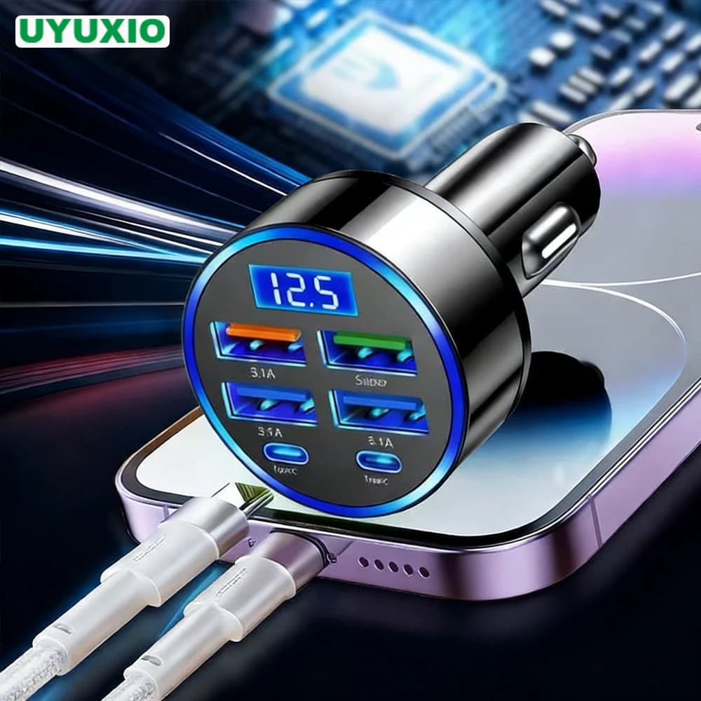 UYUXIO Multi Port USB C Car Charger with Voltage Display 6 in 1 Super Fast Charging Adapter for Huawei iPhone 16 15 Pro Max