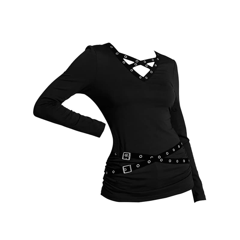 Top da donna Dressfo, tinta unita, con fibbia a occhiello, scollo a V incrociato, maniche lunghe, leggermente elasticizzato.