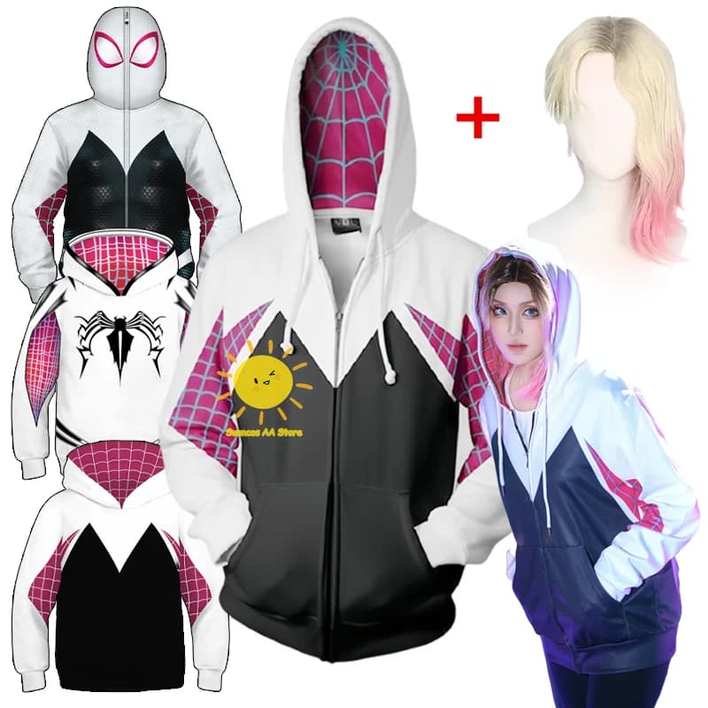 BEAST KINGDOM Gwen Stacy Cosplay per donna Spider Gwen Costume cosplay Pullover bianco Giacca con cappuccio Parrucca Festa di Halloween Cos Regalo