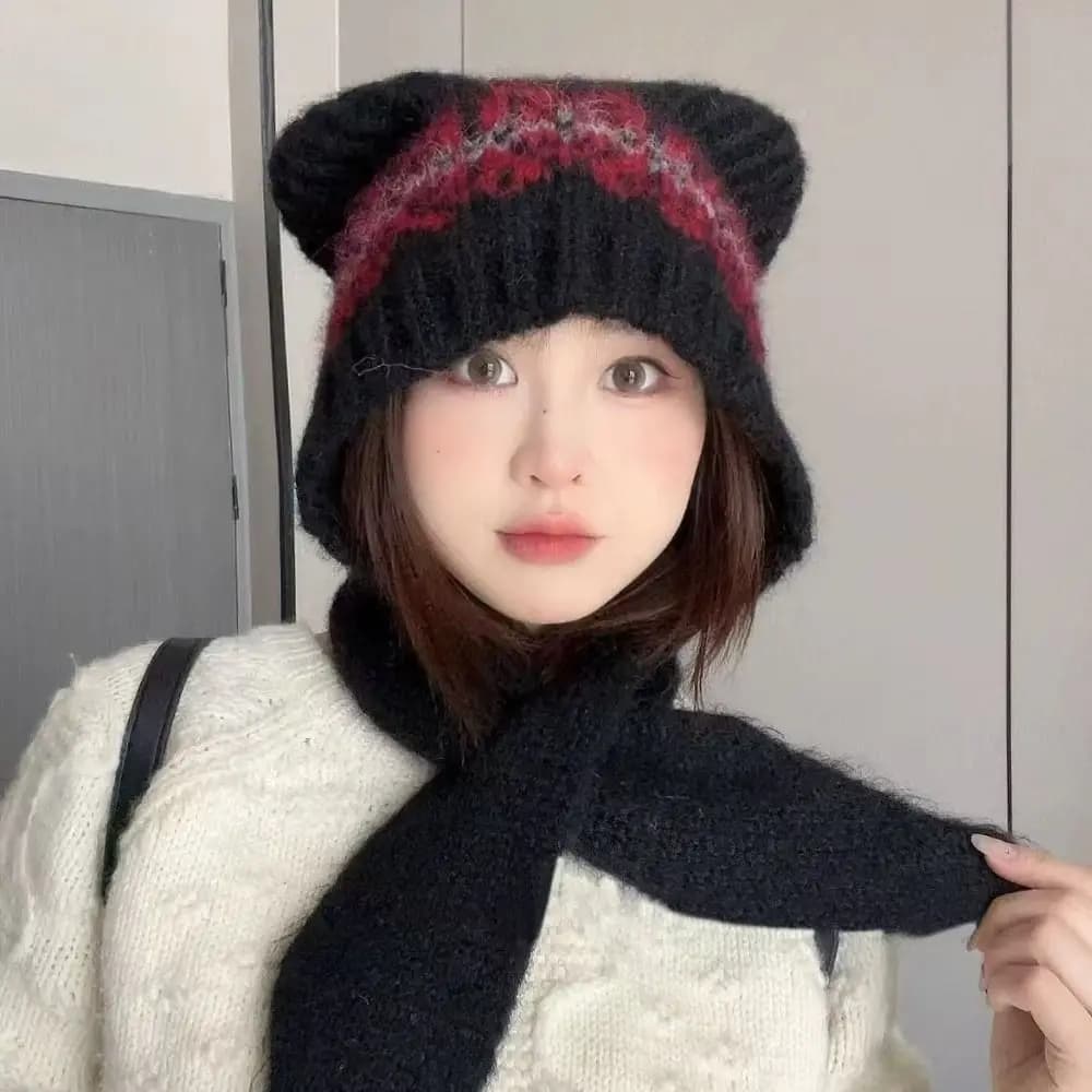 Fair Isle Style Jacquard Knitted Hat Ethnic Style Fleece-lined Printing Knit Cap Warm Cute Bear Ears Beanies Apparel Accessories