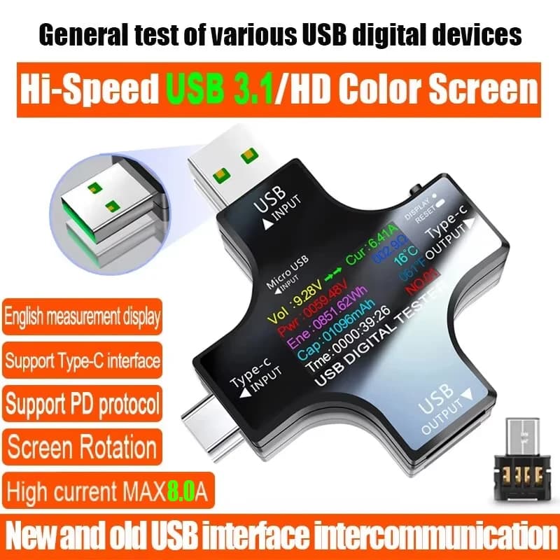 USB Type-C Tester PD Digital Capacity Meter 8A Voltage and Current Monitor Power Bank Charger Detector with Quick Charging QC3.0