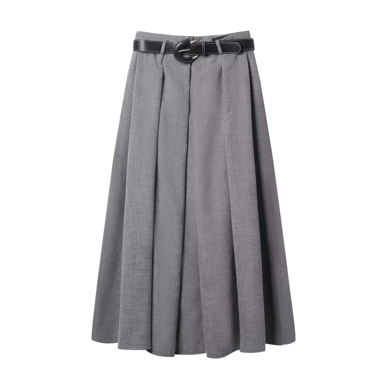 2025 new autumn european style and american women's commuting fashion temperament versatile pleated skirt with matching belt