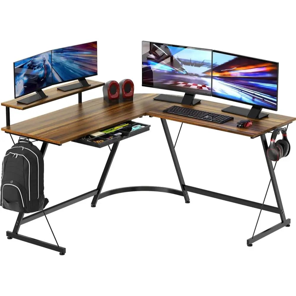 Scrivania a forma di L Vista da 51 x 51 pollici con supporto per monitor e cassetto, noce