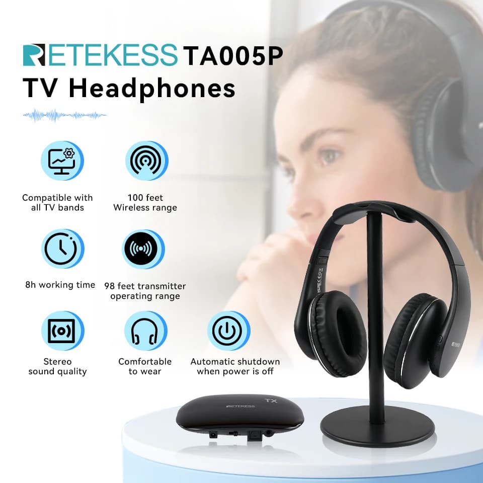 Retekess TA005 Pro Cuffie TV Wireless con Portata di 30m, Audio Stereo, Ricaricabili, Perfette per Guardare la TV e Giocare