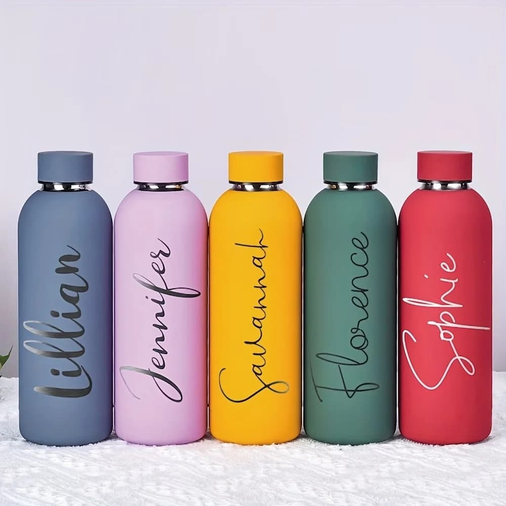 Customized stainless steel water bottles with name engraving, perfect for home and kitchen storage, and the best gift for family