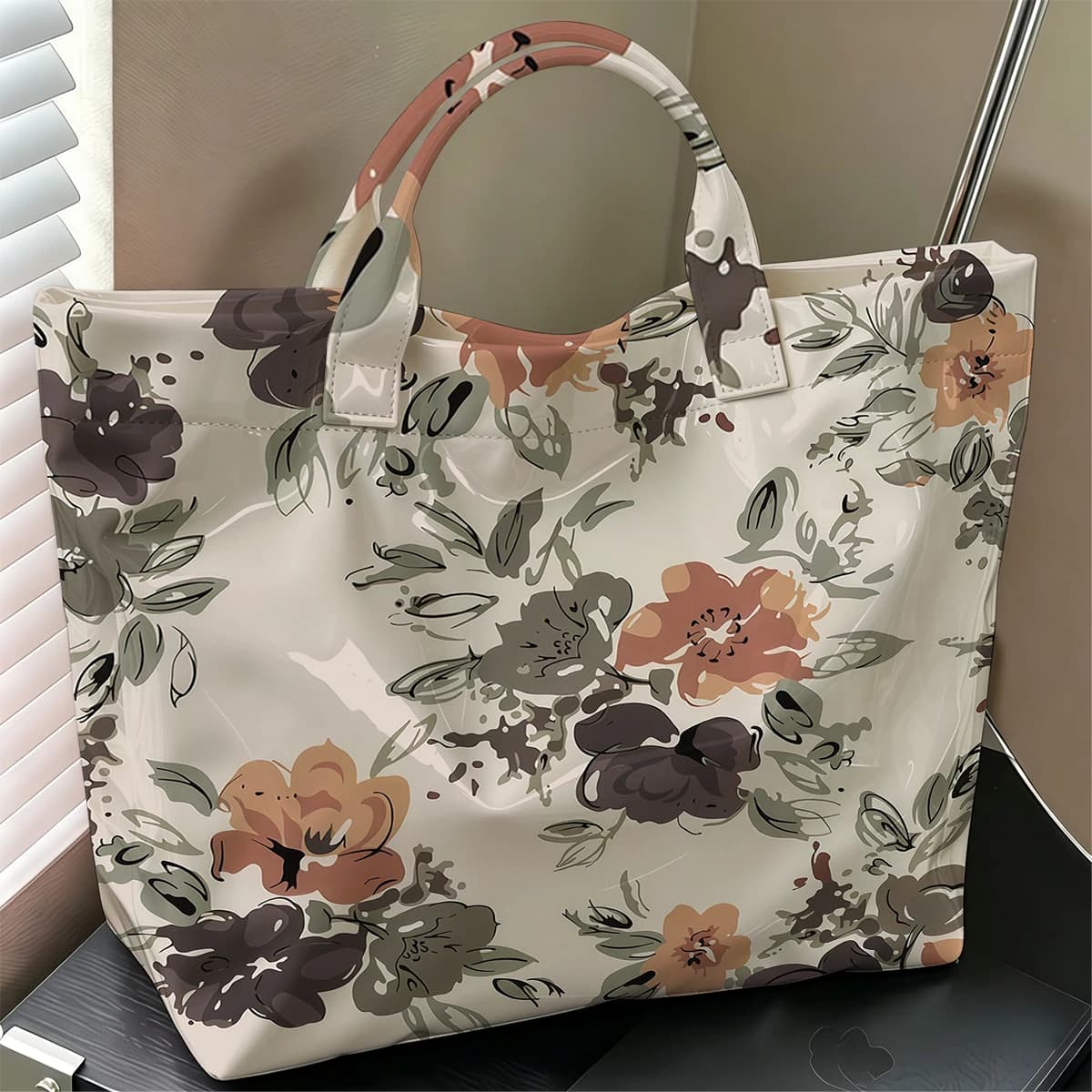 Brown Ink Floral Stylish Large Glossy PVC Tote Bag Washable Waterproof Durable Ideal for Travel Commute Cosmetics Books Handbags