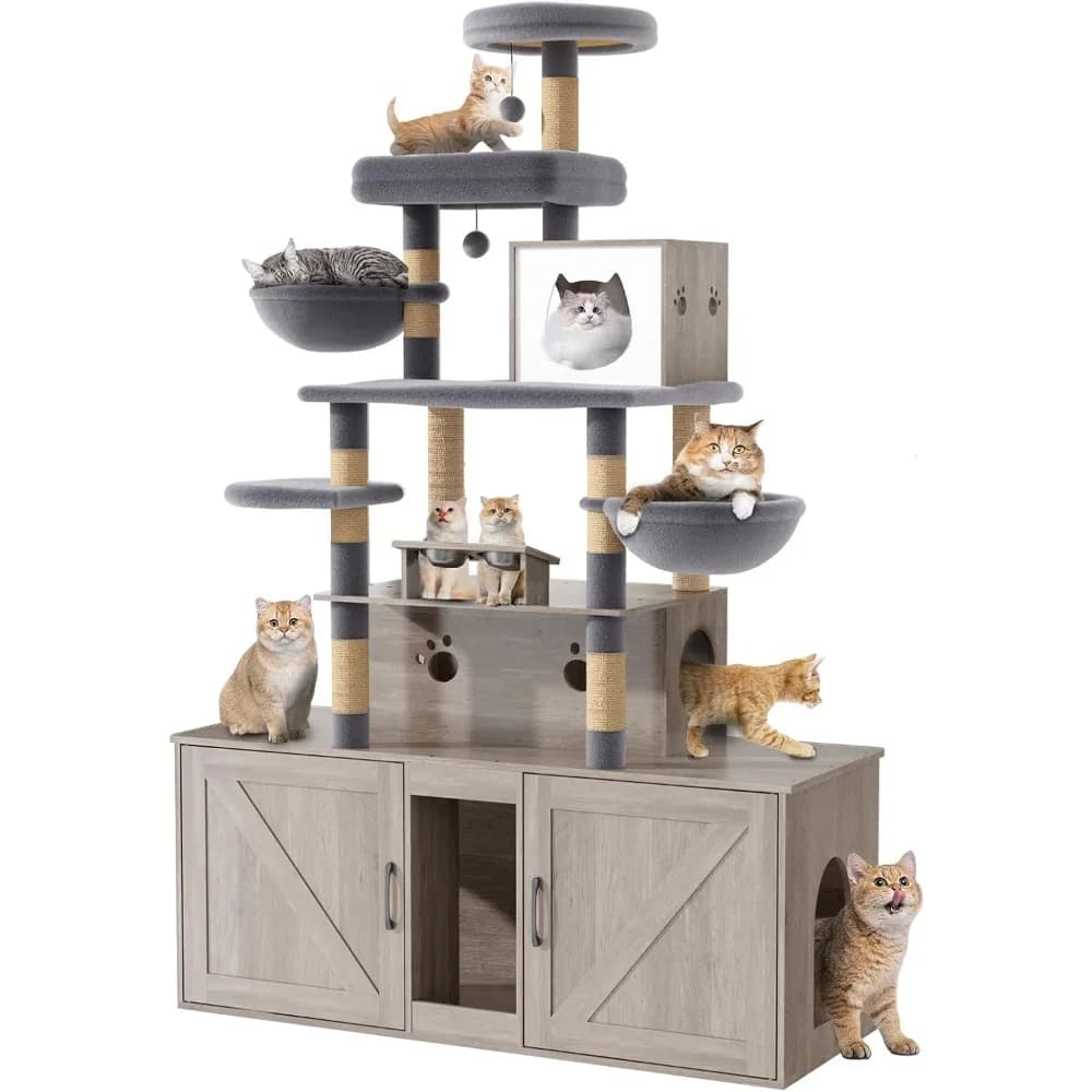 Albero per gatti con 2 custodie per lettiera, torre per gatti all-in-one, condominio per gatti con tiragraffi in sisal, amache, peluche staccabile B