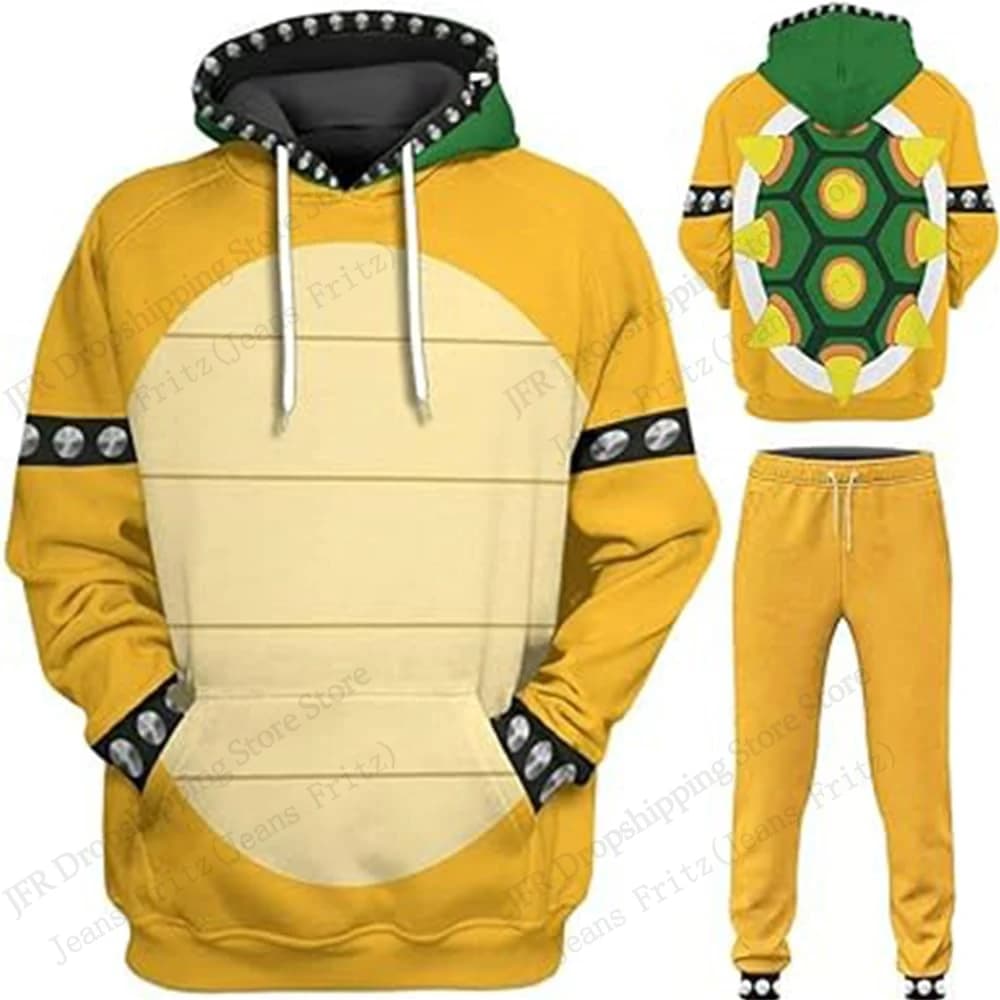 Set da Uomo con Stampa 3D di Bowser, Felpa con Cappuccio e Pantaloni, Completo Sportivo Cosplay alla Moda per Uomo e Donna