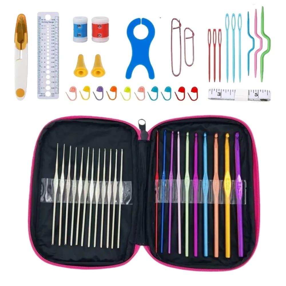 51Pcs Crochet Hooks Set with Bag, Colorful Aluminum & Stainless Steel Knitting Needles Kit, DIY Yarn Weaving Sewing Craft Tools