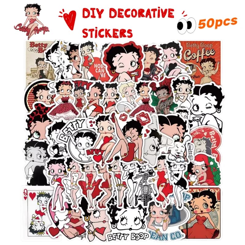 Nuovo Set di 50 Adesivi Betty Boop, Personaggi Anime, Forme Carine, Decorativi per Tazze, Quaderni, Cover per Telefoni, Adesivi Impermeabili Fai-da-Te per Studenti