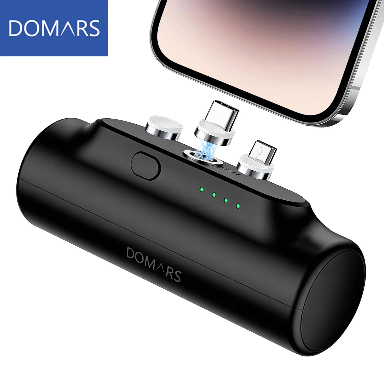 Domars Mini Power Bank Tascabile 3000mAh con 3 Testine di Ricarica Magnetiche, Batteria Portatile Compatibile con iPhone e Xiaomi