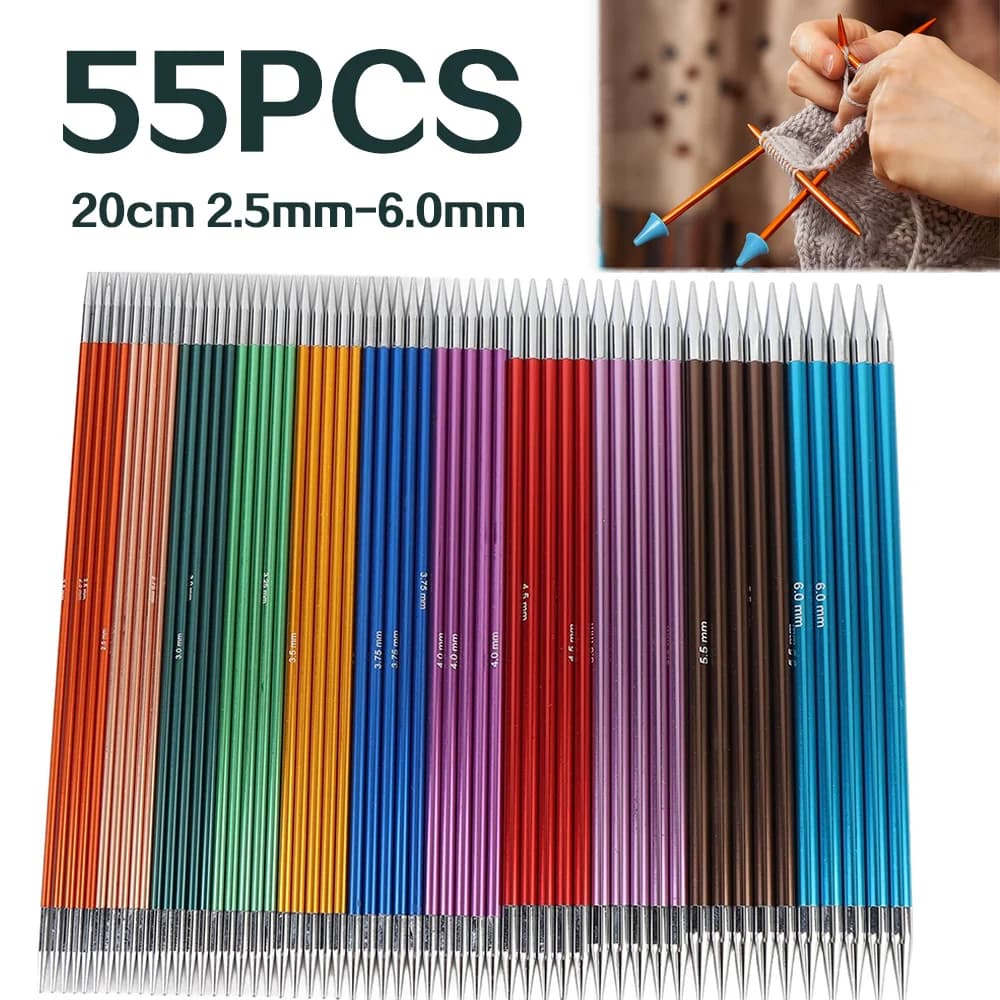 55 pz 20 cm ferri da maglia in ossido di alluminio set 2.5-6.0mm aghi da maglia dritti a doppia punta per il progetto di maglieria dei maglioni