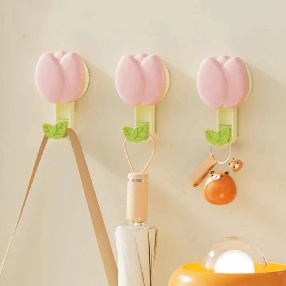Ganci a ventosa Dopamine Plastic Tulip senza foratura, a forma di fiore, gancio decorativo a ventosa, grazioso portasciugamani per l'ingresso