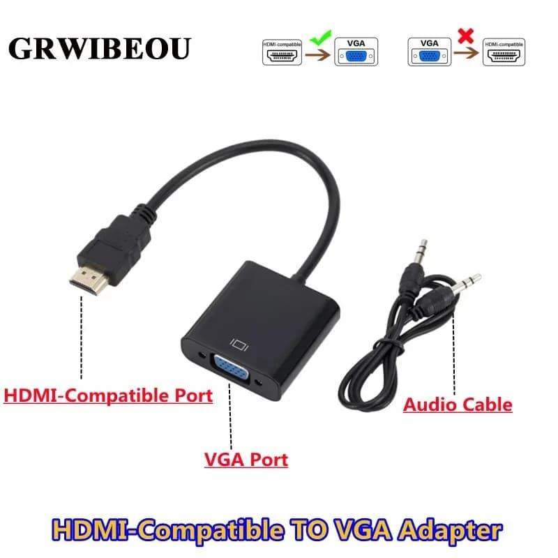 Adattatore HDMI compatibile con VGA, convertitore da maschio a femmina, audio video digitale-analogico 1080P per PC, laptop, tablet, da HDMI a VGA