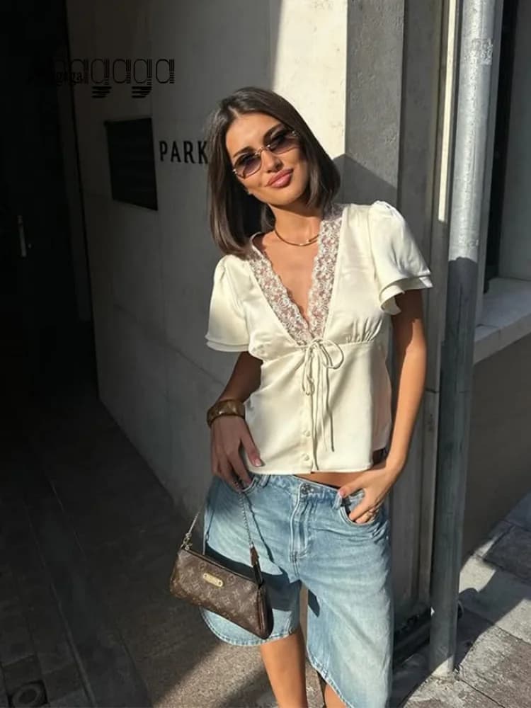 Ahagaga Causale Donna Top Solid Lace-Collo Maniche corte Raso Bottone sottile Regular Eelgant Streetwear Tees T-shirt basic femminili