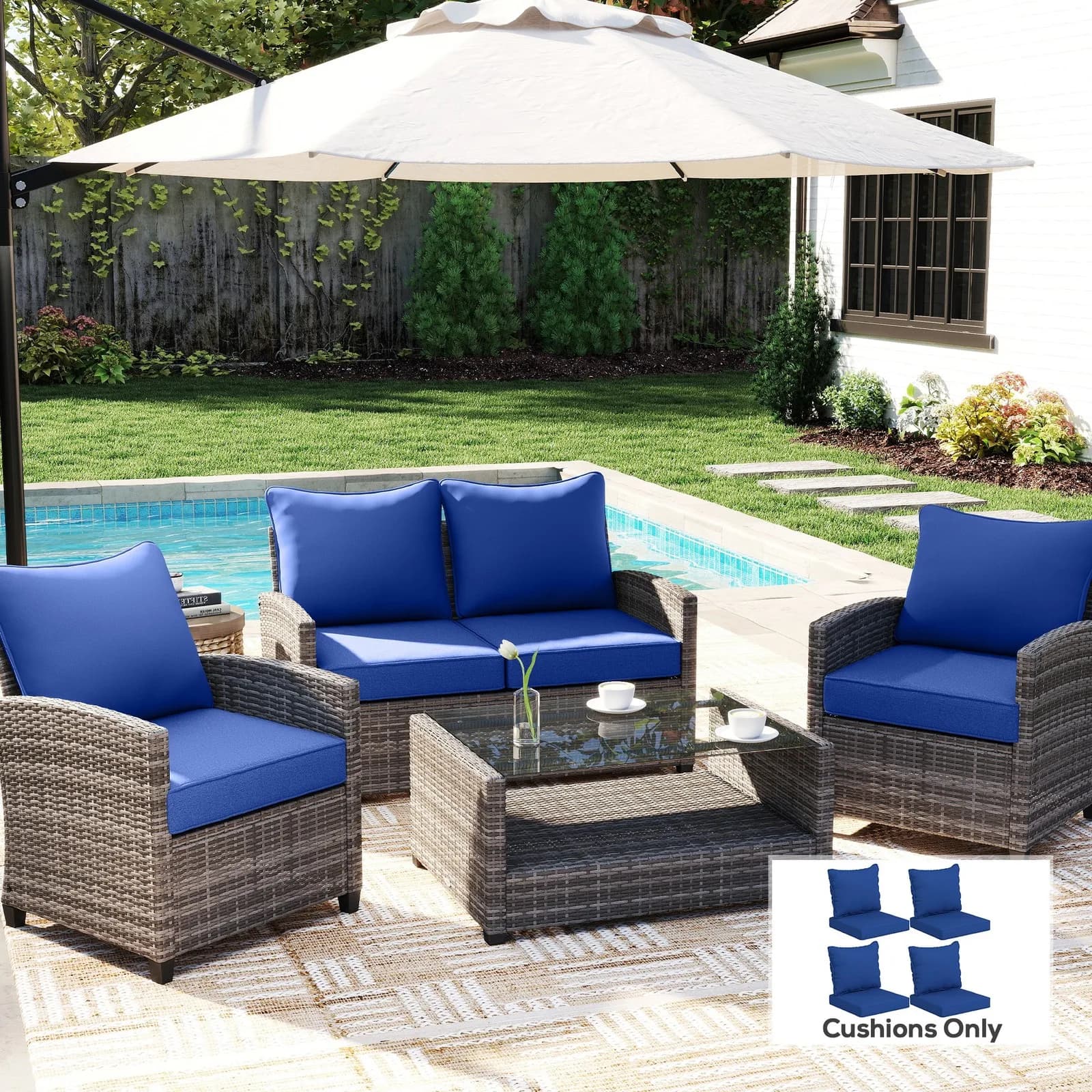 Cuscini per sedie da interno ed esterno per seduta e schienale di mobili da giardino, blu navy