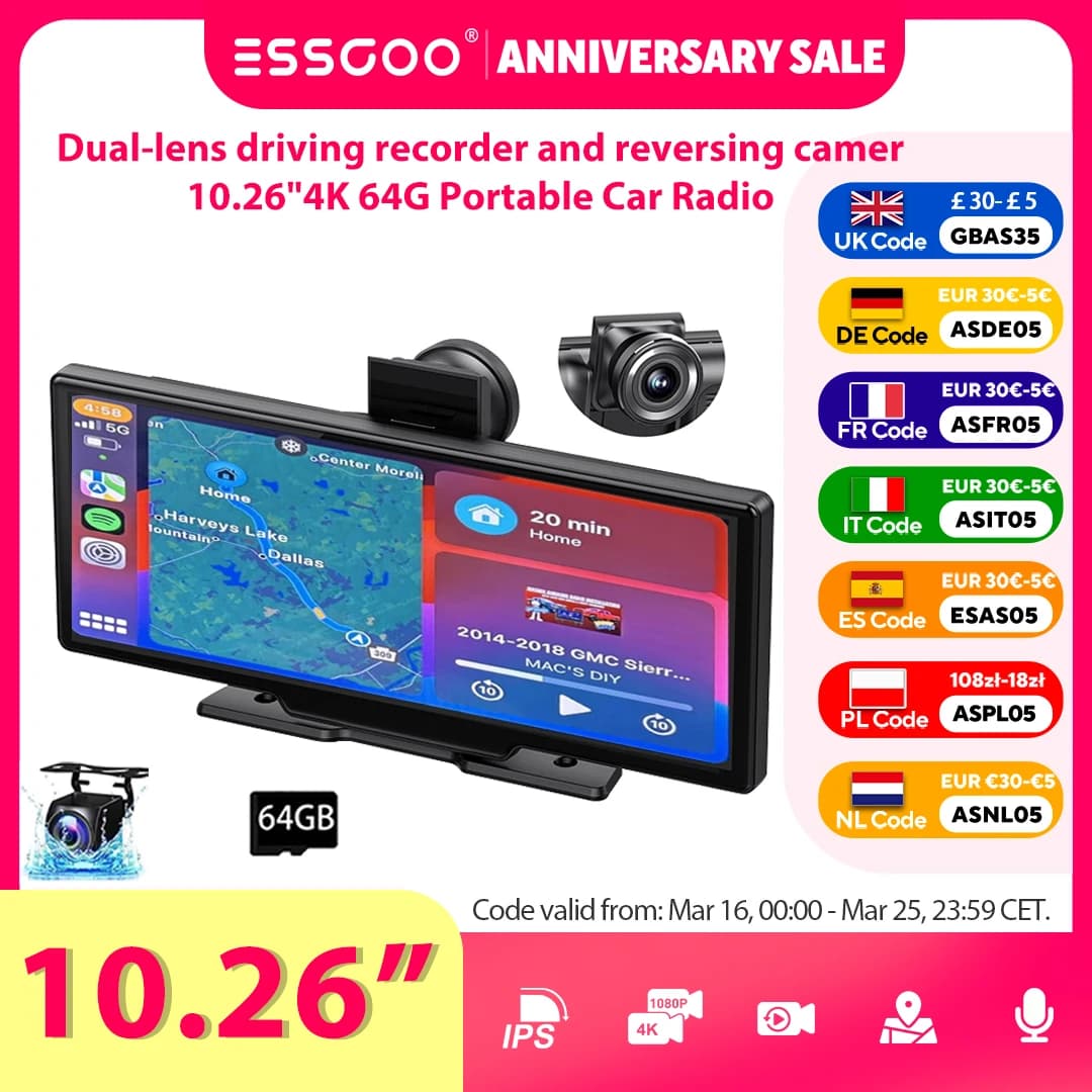 Autoradio Portatile 10.26" 4K 64G Touchscreen Wireless Apple CarPlay Android Auto Dash Cam Bluetooth Navigazione GPS WiFi Telecamera Retromarcia Grandangolare AUX FM
