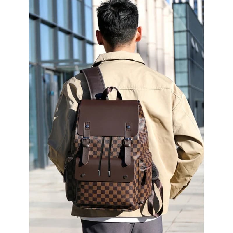 Brown Plaid Laptop Backpack Large Capacity Multi Pocket Water Resistant for Men Business Travel Work