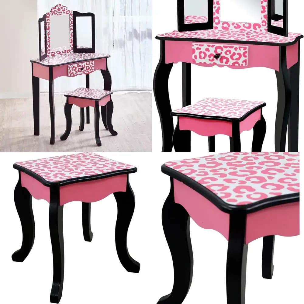 Wooden toe set with black/pink print with mirror, drawer and stool for dressing games
