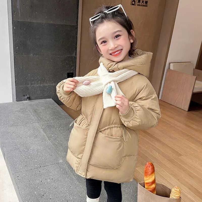 Giacca invernale da ragazza nuova stile lungo tinta unita spessa calda con cappuccio Parka con cerniera per 2-10 anni tuta da neve in cotone per ragazze