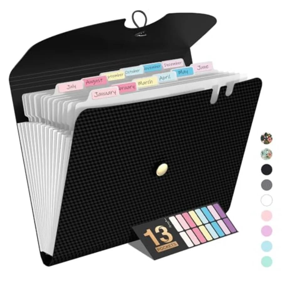 Expanding File Folder, 13 Pocket Accordion File Organizer, Monthly Expandable File Folder for Documents with Labels, Portable B