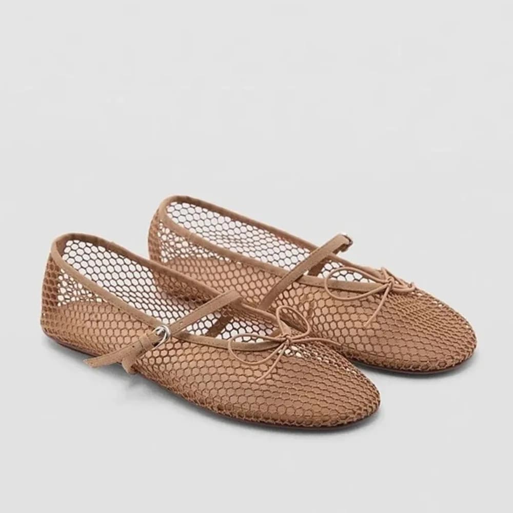 Women Mesh Mary Janes Shoes Hollow Out Summer Fishnet Ballet Flats Buckle Strap Elegant Soft Breathable Casual Loafers