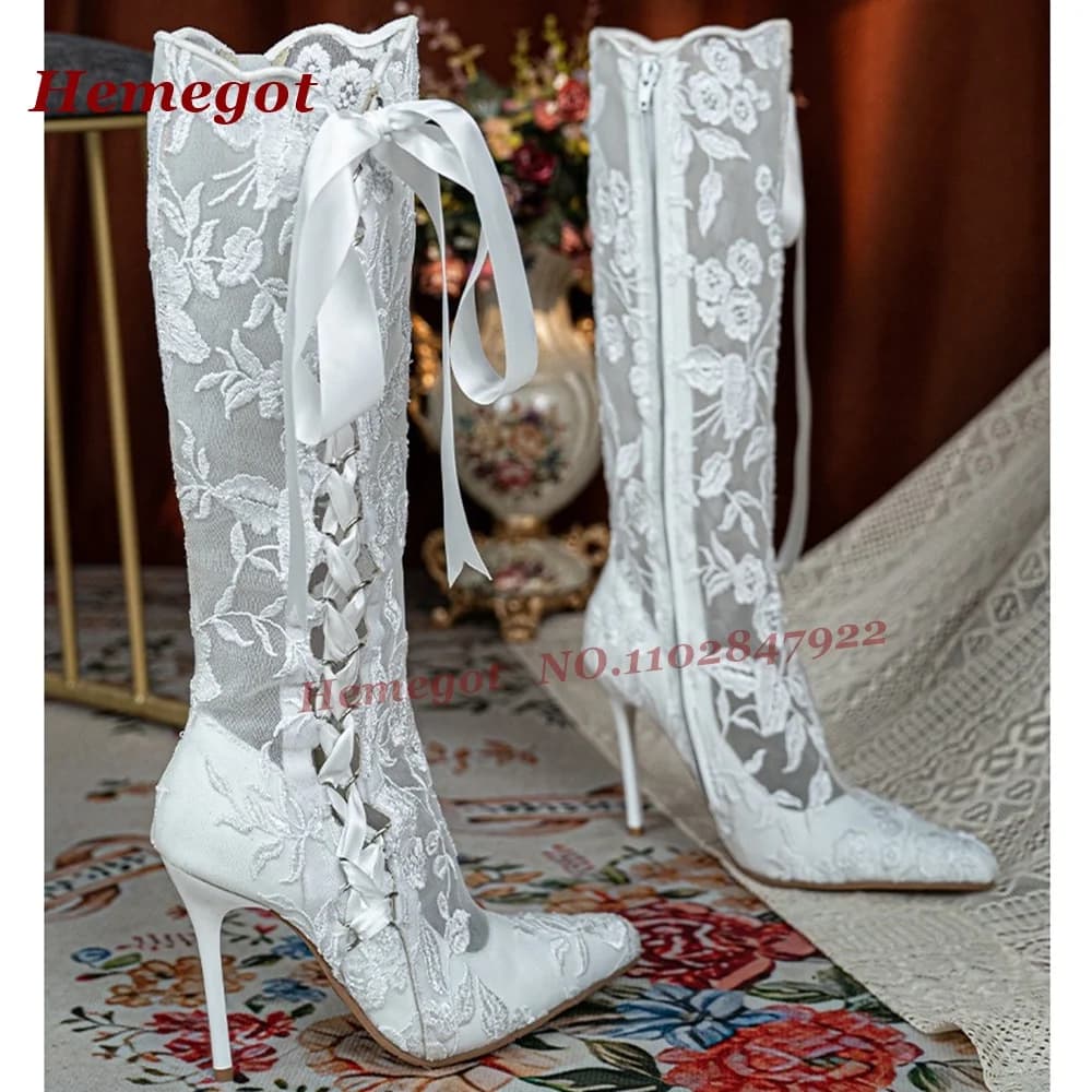 Sandali Romantici con Stampa Floreale in Pizzo, Tacco a Spillo a Punta, Stivali da Donna con Lacci Incrociati, Scarpe Casual in Rete Traspirante di Lusso